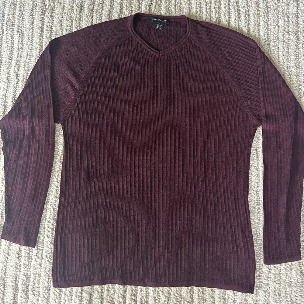Kenneth Cole Men's V-Neck Pullover Sweater - Burgundy Ribbed XL